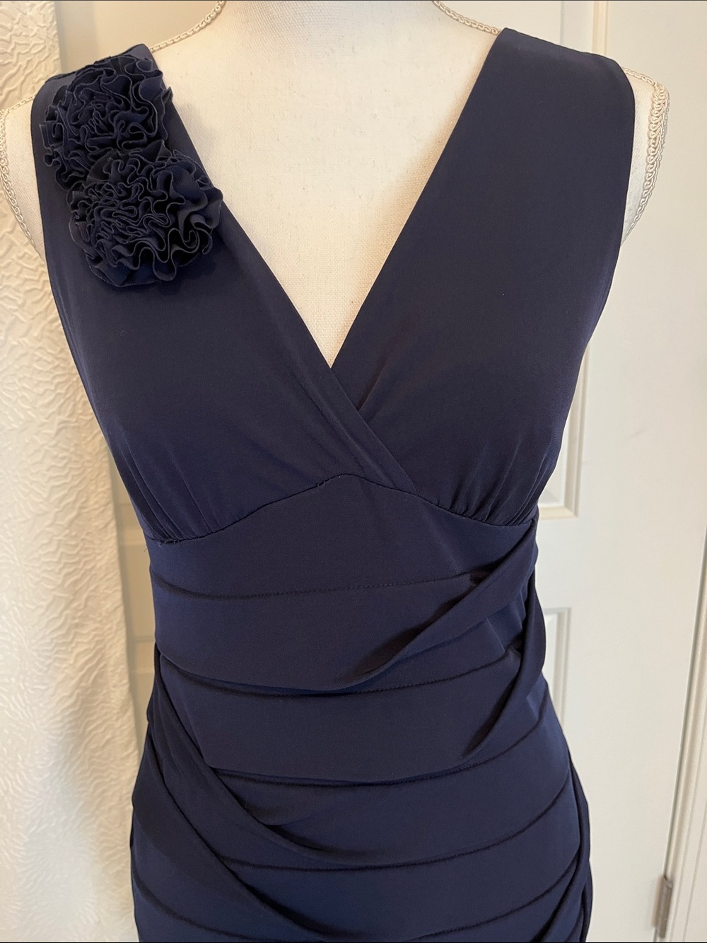 Navy V-Neck Sleeveless Ruffle Accent Dress